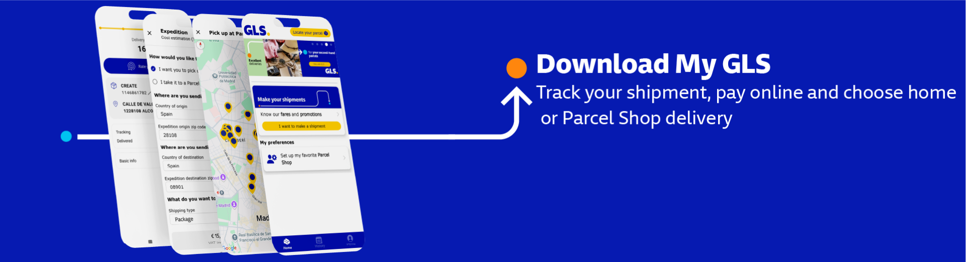 My GLS app screen from GLS displaying shipment tracking, online payment and the option to choose home or Parcel Shop delivery from a mobile device.