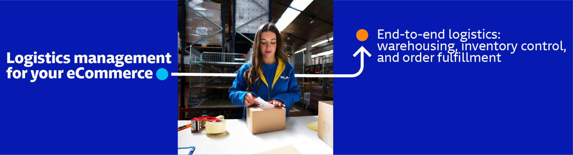 GLS warehouse employee preparing an eCommerce order, managing packaging, stock control and order fulfillment as part of an integrated logistics service.