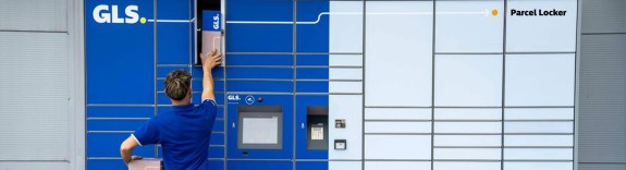 GLS Parcel Locker for parcel pickup with blue automated lockers and self-service touchscreen.