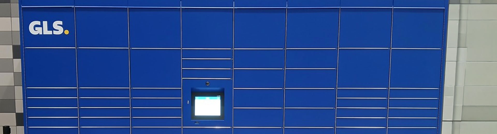 GLS Parcel Locker for parcel pickup with blue automated lockers and self-service touchscreen