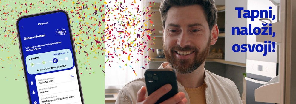 Moški drži mobitel v roki in mobitel s konfeti v ozadji